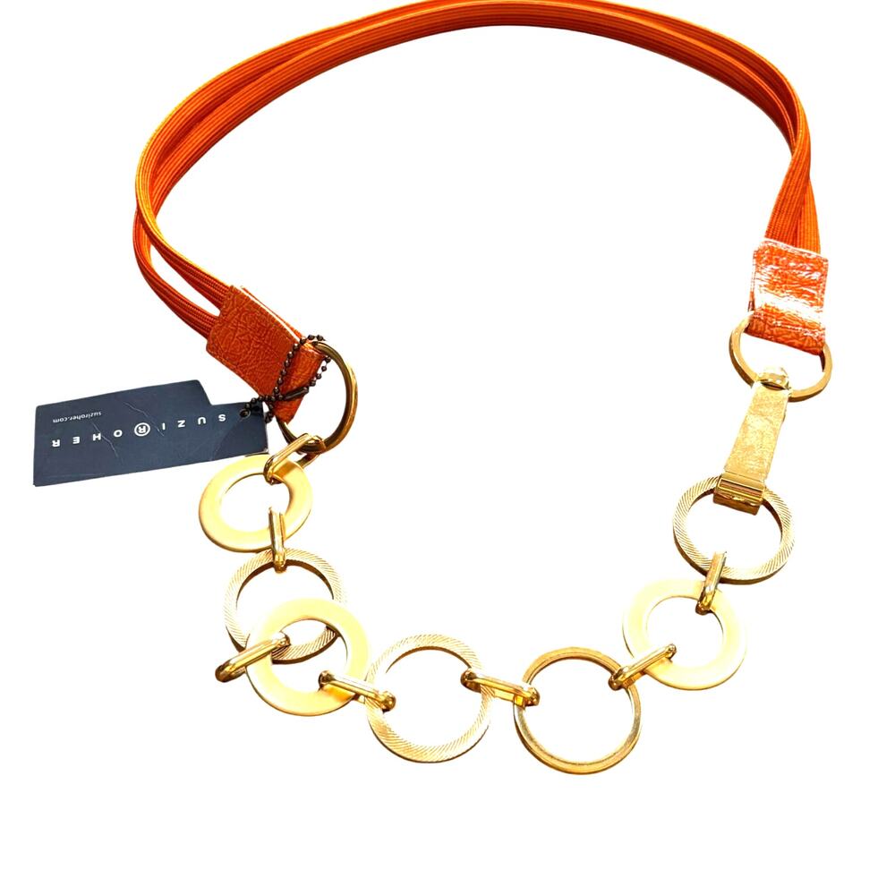 Suzi Roher NWT orange double band stretch belt chunky gold hoops chain Size XL